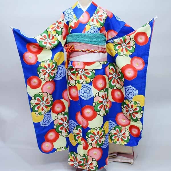 振袖 着物 単品 合繊 仕立て上がり 花ひめ 小紋柄 成人式 結納 結婚式 青地 新品（株）安田屋 NO36837｜安田屋呉服店