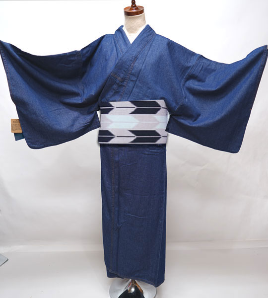 御召しもの 単品 ジーンズ出どころ 成人女性用 心地好い御召しもの 長着 L大きさ L・Deen 紺 新品（株）安田屋 NO200804-3