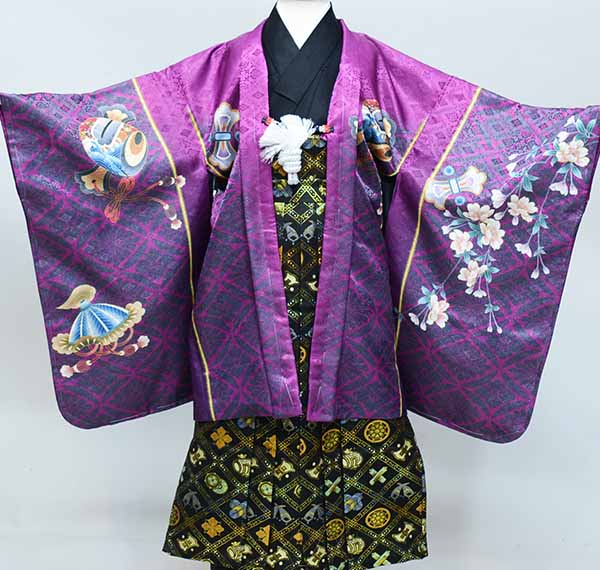 フルセット 七五三 五歳 男児 羽織袴 フルセット 紫地 袴変更可能 NO33702の とても - www