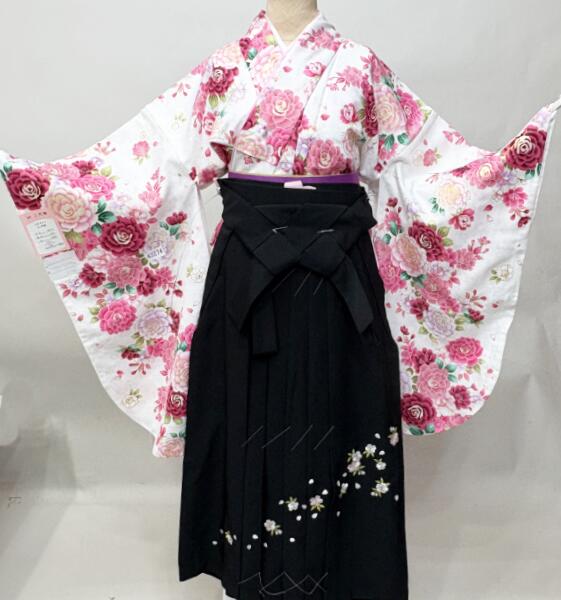 二尺袖 着物袴フルセット 白色 仕立て上がり 綸子地 合繊 フリーサイズ 百花繚乱 袴変更可能 卒業式 新品（株）安田屋 NO43274｜安田屋呉服店