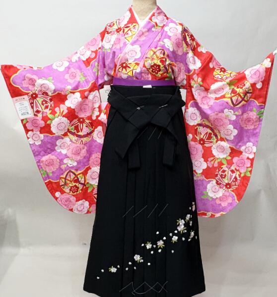 二尺袖 着物袴フルセット 珊瑚色&times;藤色 仕立て上がり 綸子地 合繊 フリーサイズ 百花繚乱 袴変更可能 卒業式 新品（株）安田屋 NO43278｜安田屋呉服店