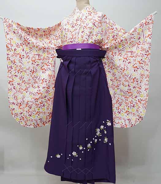 二尺袖着物袴セット ジュニア用 160cmサイズ 百花繚乱 白地 袴変更可能 卒業式にどうぞ 新品（株）安田屋 NO41072