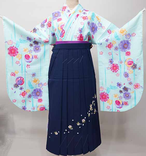二尺袖 着物 袴フルセット 小紋柄 着物丈は着付けし易いショート丈 水色 袴変更可能 卒業式 新品（株）安田屋 NO41415