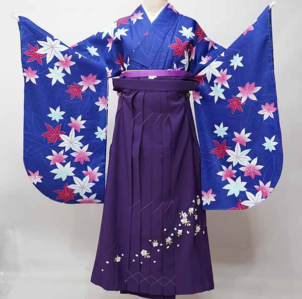 二尺袖 着物 袴フルセット 小紋柄 着物丈は着付けし易いショート丈 青色 もみじ 袴変更可能 卒業式 新品（株）安田屋 NO41416