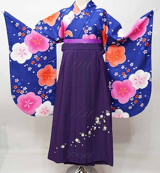二尺袖 着物 袴フルセット 小紋柄 着物丈は着付けし易いショート丈 青色 梅 袴変更可能 卒業式 新品（株）安田屋 NO41418