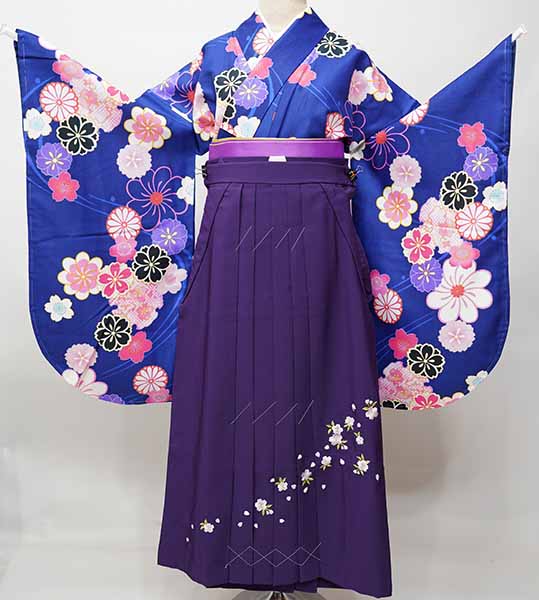 二尺袖 着物 袴フルセット 小紋柄 着物丈は着付けし易いショート丈 青色 袴変更可能 卒業式 新品（株）安田屋 NO41419