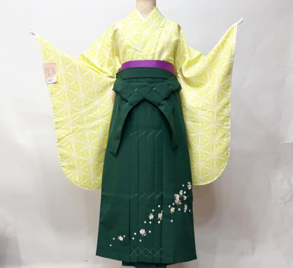 二尺袖 御召しもの袴フルセット お坊っちゃん用へ直し 135～150糎 黄緑であること 仕立てもの売り上げ高 合繊 小紋 麻の葉 袴うつり変わり能力のある 新品（株）安田屋 NO43314-2