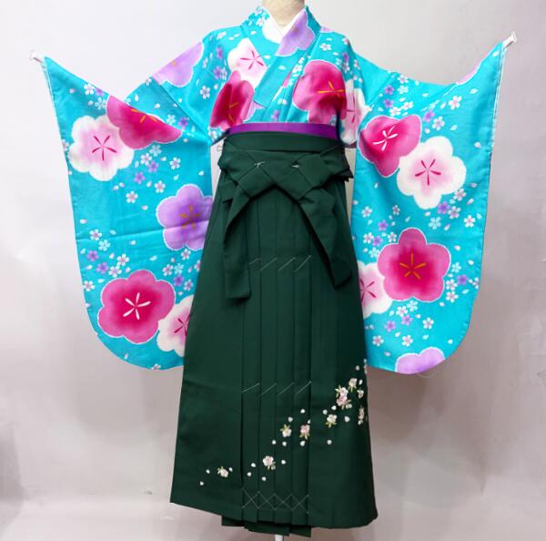 二尺袖 御召しもの袴フルセット お坊っちゃん用へ直し 135～150糎 青緑色 仕立てもの売り上げ高 合繊 小紋 袴うつり変わり能力のある 新品（株）安田屋 NO43312-2