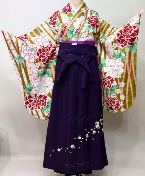 二尺袖 御召しもの袴フルセット お坊っちゃん用へ直し 135～150糎 抹茶色 仕立てもの売り上げ高 H・L 百花繚乱 袴うつり変わり能力のある 新品（株）安田屋 NO43309-2