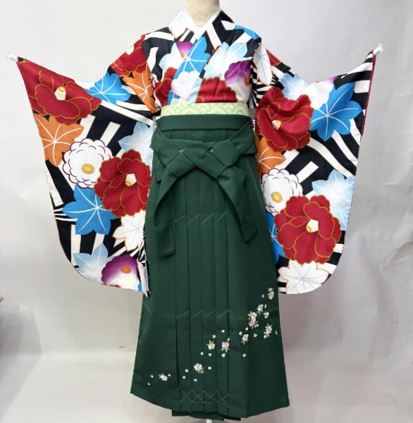 二尺袖 着物 袴フルセット ジュニア用へ直し 135～150cm ボヌールセゾン 黒&times;白 袴変更可能 新品（株）安田屋 NO43424-02｜安田屋呉服店
