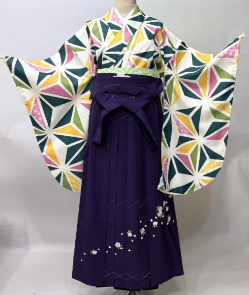 二尺袖 着物 袴フルセット ジュニア用へ直し 135~150cm ボヌールセゾン 白地 麻の葉柄 袴変更可能 新品(株)安田屋 NO43446-02|安田屋呉服店