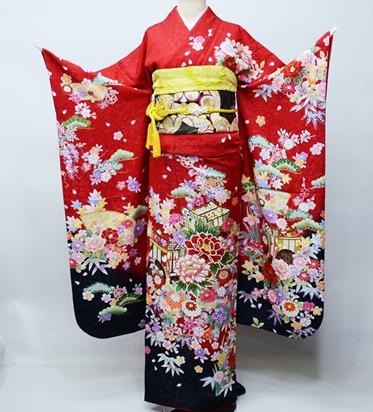 振袖 御召しもの フルセット 正絹 百花繚乱 ラメ 赤いこと 小物まで20点一揃え完全揃う 7昼日なか賃貸  成年者式 御芽出度 結納にどうぞ（株）安田屋【賃貸】R39608