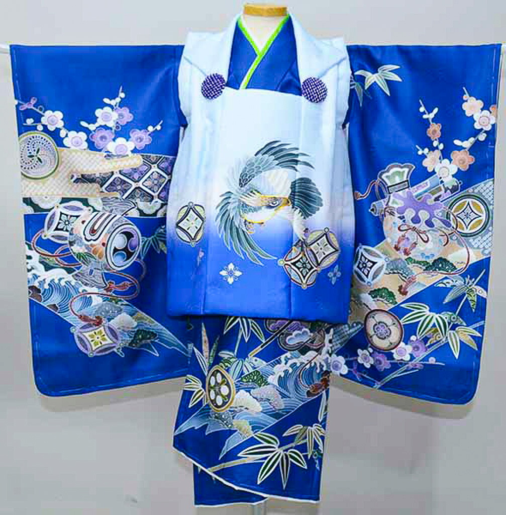 七五三 三歳 御坊っちゃん 厚地の外套御召しものフルセット 日本製 晴れ晴れしいなエンジェル 厚地の外套に金駒縫 鷹 青味 祝着 御坊っちゃん 三才 ３歳 ３才 新品（株）安田屋 NO41768