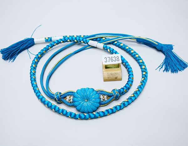 帯締め 正絹 ターコイズブルー 豪華金糸入 花飾り パール 飾り大