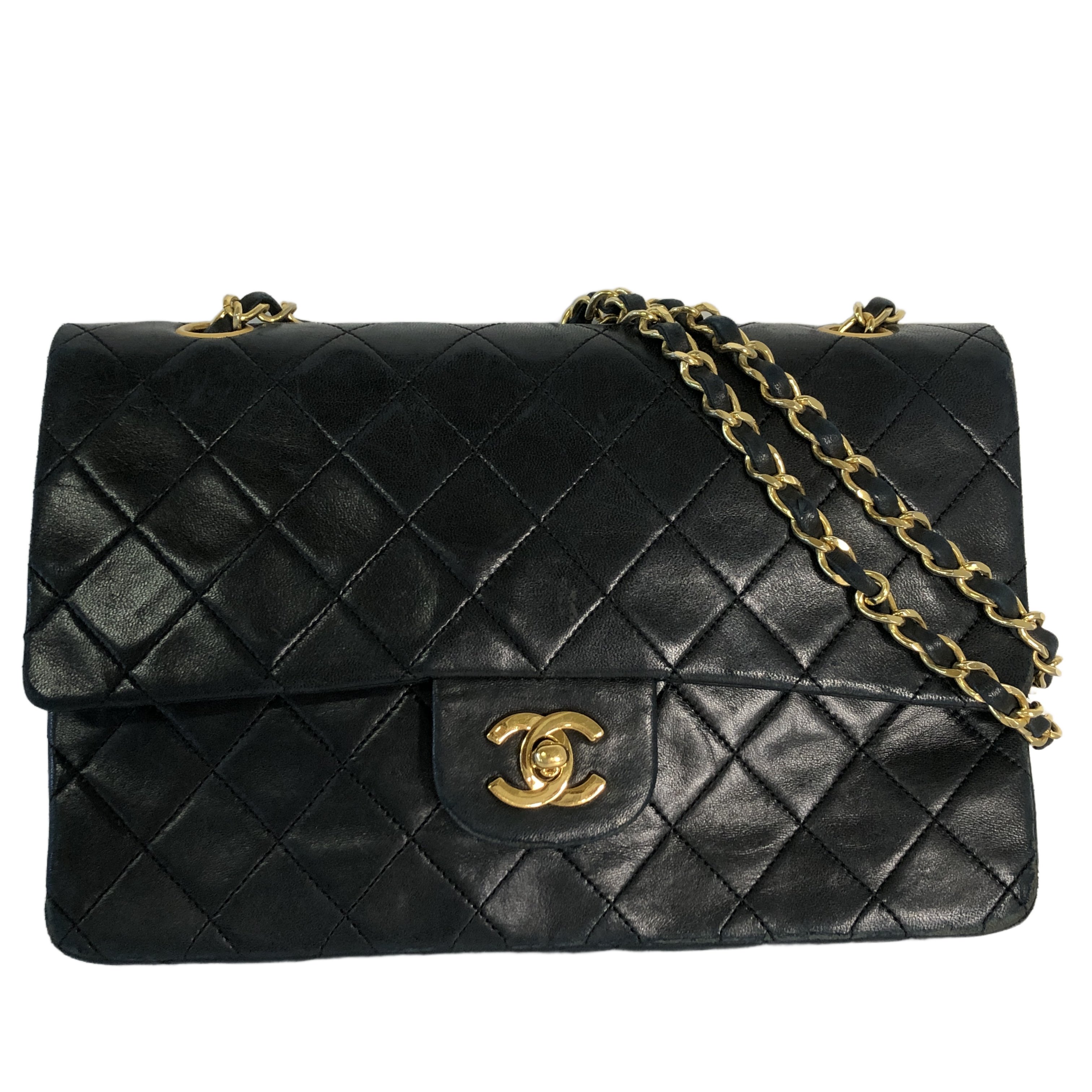 【中古】 【鑑定済】CHANEL シャネル マトラッセ25 ラムスキン ダブルフラップ ショルダー バッグ 1番台 ブラック ゴールド金具 中古 T11440448｜ReRe（安く買えるドットコム）