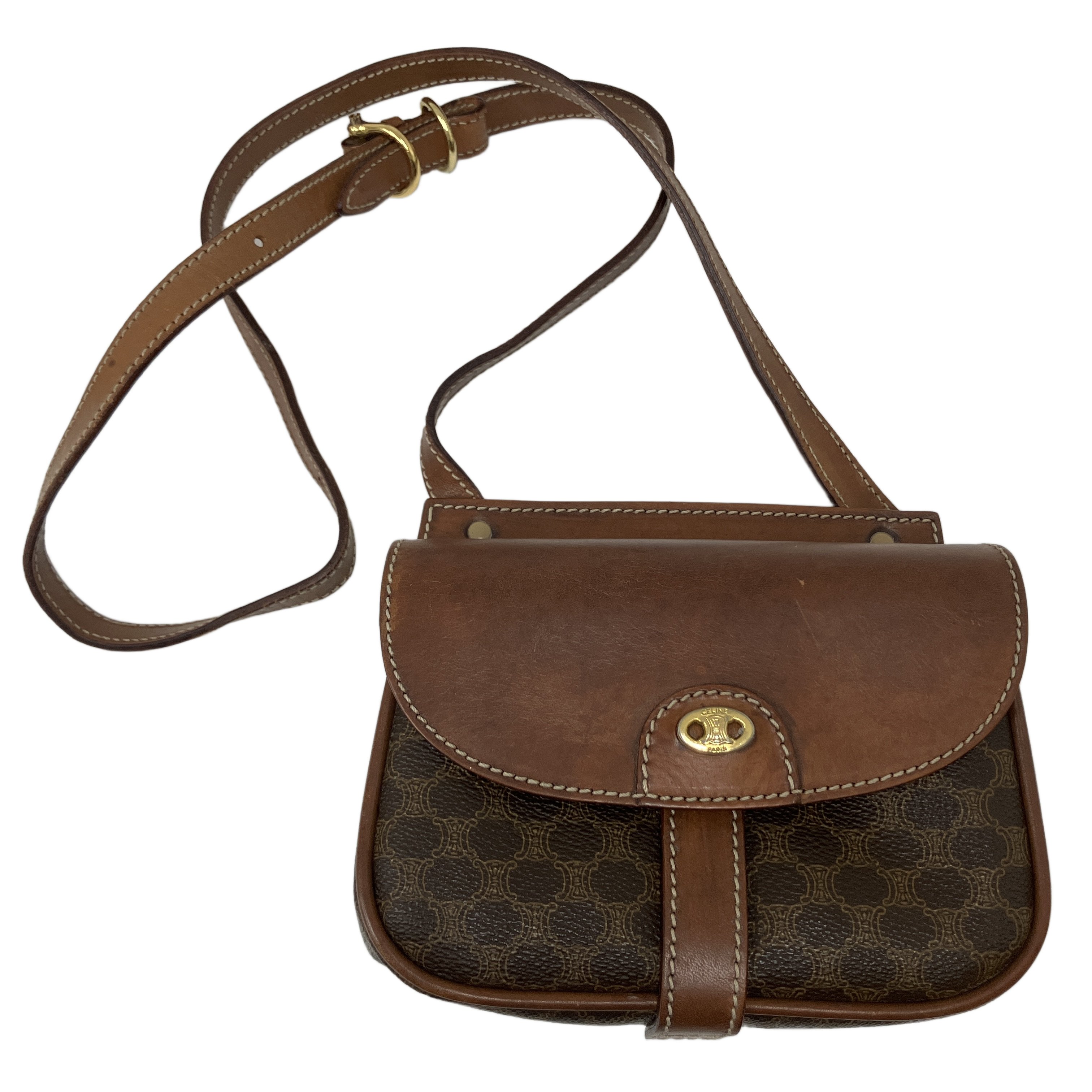 【中古】 CELINE セリーヌ マカダム柄 ヴィンテージ ショルダーバッグ ブラウン レザー 斜め掛け 中古 O11057556