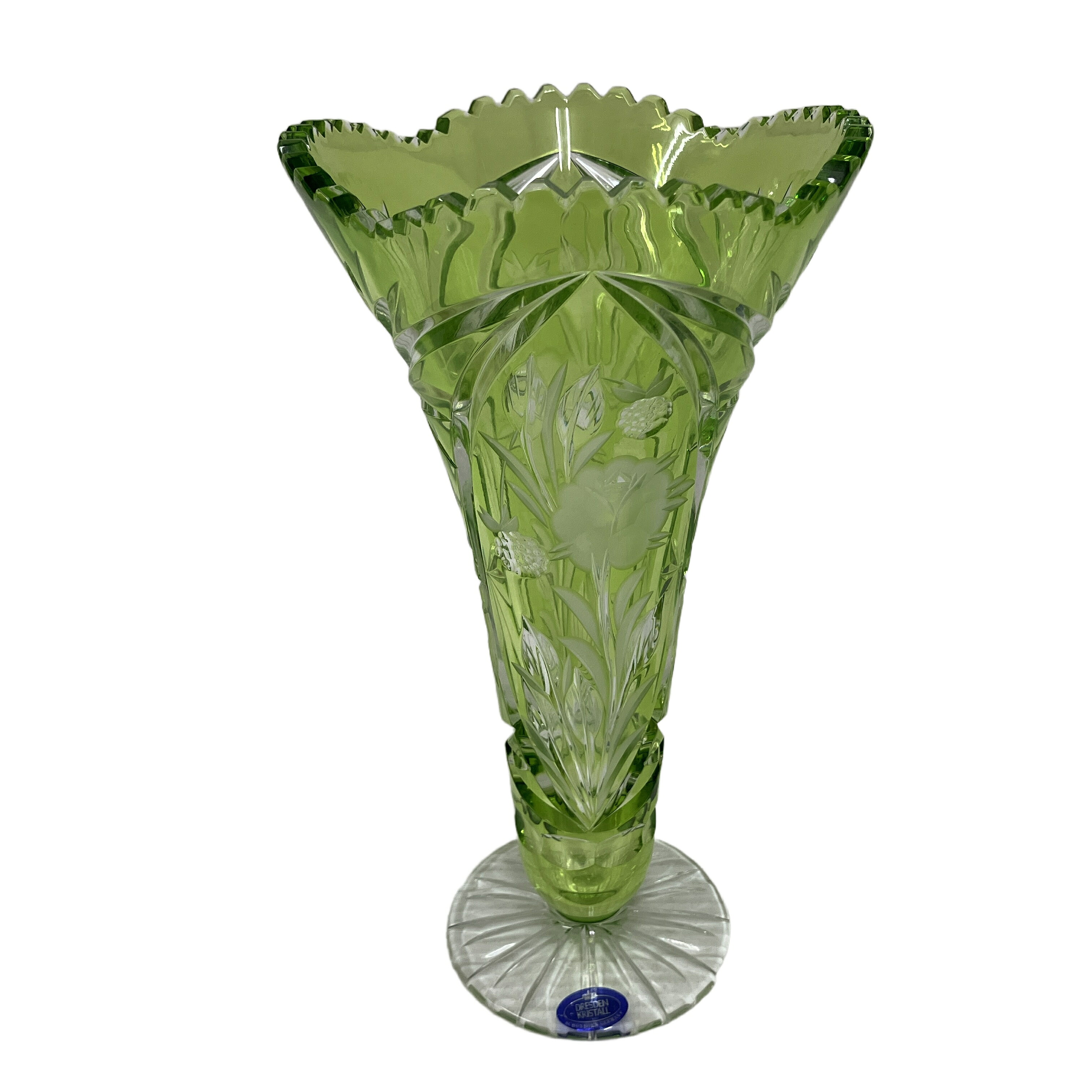 【中古】 【ドイツ製】DRESDEN KRISTALL ドレスデンクリスタル 花瓶 グリーン フラワーベース 箱付 伝統工芸 中古 O11150311