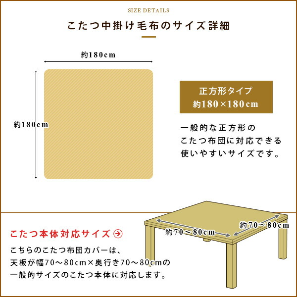 こたつ中掛け毛布/正方形/省スペース/180×180cm/フランネル/省エネ/こたつ毛布/こたつカバー/こたつ用毛布