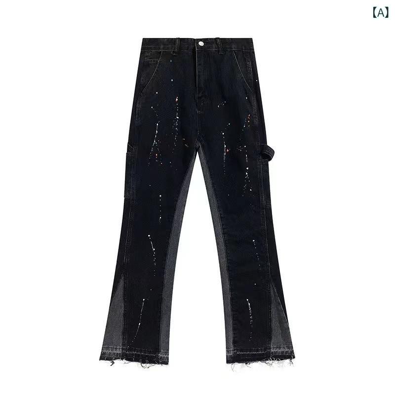 デニムパンツ メンズ レディース フレアパンツ ペイント加工 ワイドパンツ ベルボトム ペンキ ジーパン ロング丈 ストリート系 カジュアル ボトムス ワークパンツ ユニセックス コットン 綿素材 ズボン