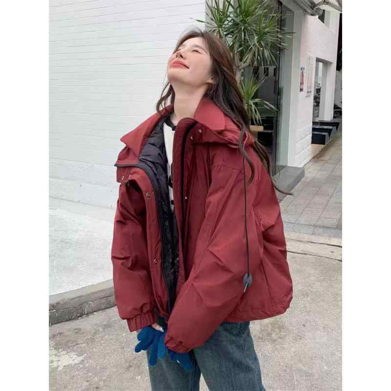 レディース ジャケット ワインレッド ショート丈 ミリタリー ダウンコットン 厚手 アウトドア 秋冬 暖か 通勤 普段使い 綿素材 軽量 伸縮性