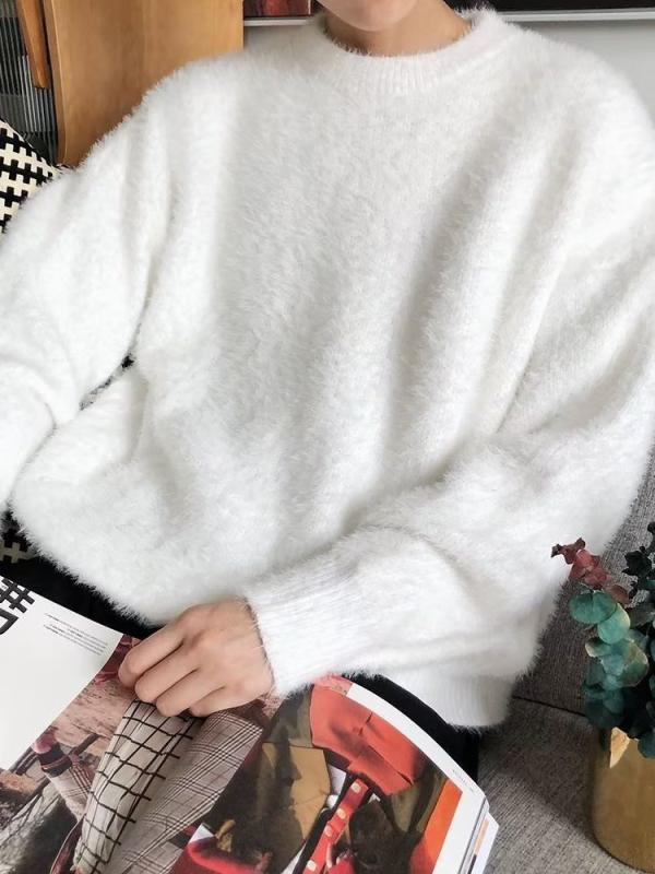 秋冬 メンズ ニットセーター 厚手 ゆったり リラックス スタイル シンプル 単色 クルーネック 白 韓国 カジュアル