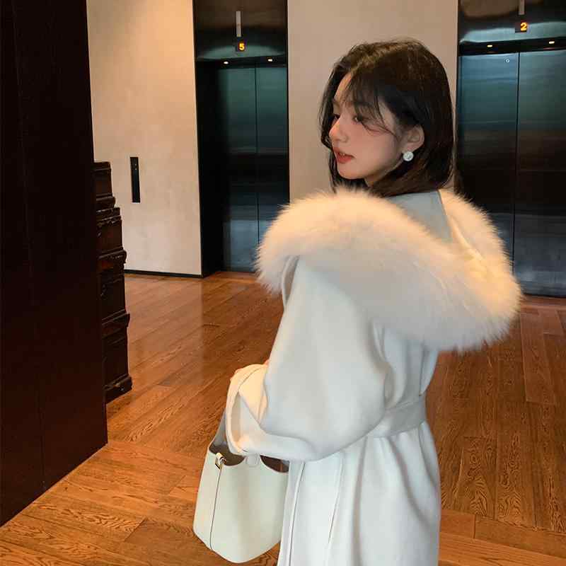 レディース 秋冬 ロングコート フード付き ウール アウター 狐毛 トリム 大きめ ダブルフェイス 羊毛 暖か 高級感 通勤用 普段使い|やすらぎマーケット
