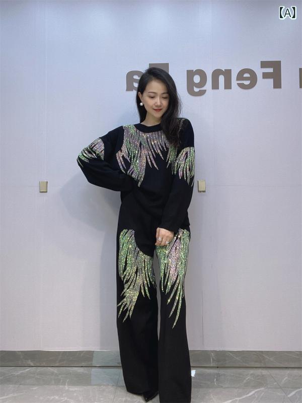 レディース 秋 ニットトップス 広広としたズボン下 仕掛ける 御前上等感 生産ライン石ころ かざり付ける 流行り物 セットアップ ゆったり影ぼうし 伸縮性 原料品 編み物出どころ 心地よい表現スタイル 通い用 普段使い