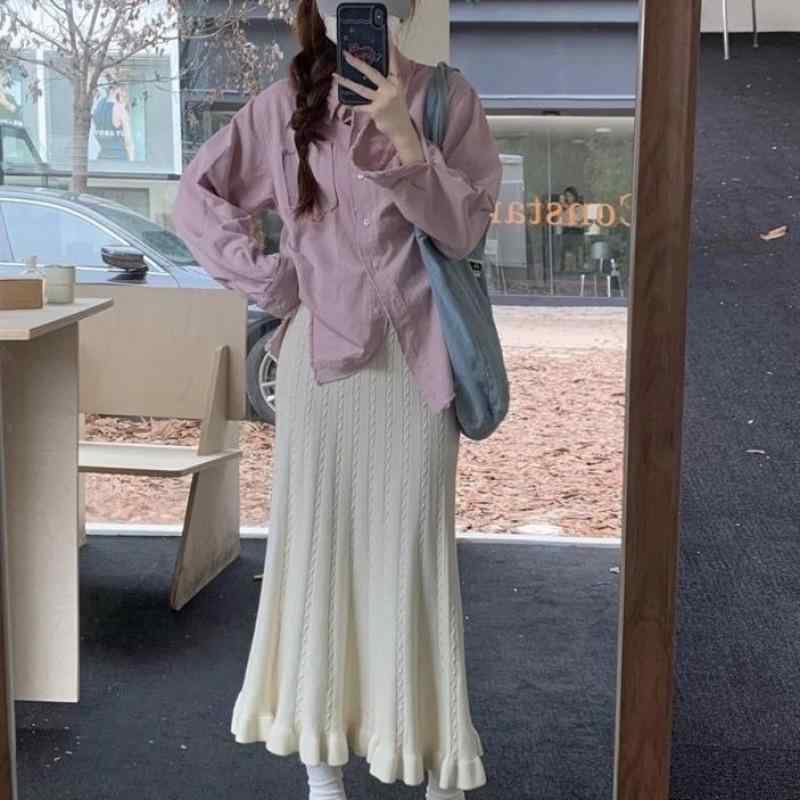 スカート ニット ハイウエスト ロング丈 フリル プリーツ 秋冬 スリム 伸縮性 コーディネート 普段使い 暖かみ 柔らかい 素材 ミドル丈 裾フリル
