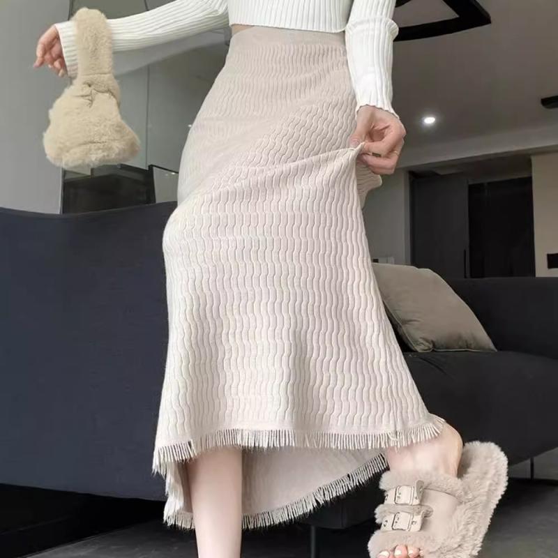 スカート レディース 秋冬 ニット フリンジ裾 中長丈 ストレート ハイウエスト Aライン 暖か 普段使い 通勤 フィットシルエット