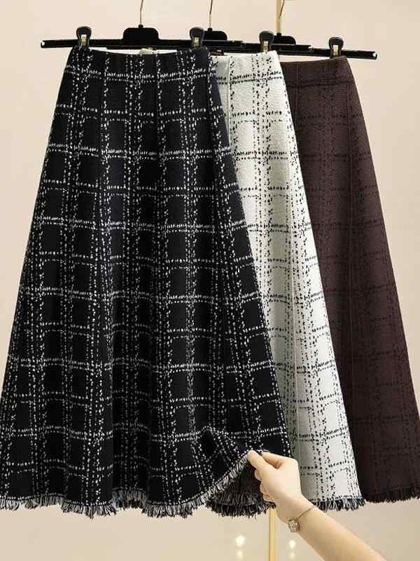 スカート 女性用 秋冬 ハイウエスト Aライン ニット フレア 中長丈 チェック柄 タッセル 上品 スリム効果 合わせやすい 普段使い カジュアル