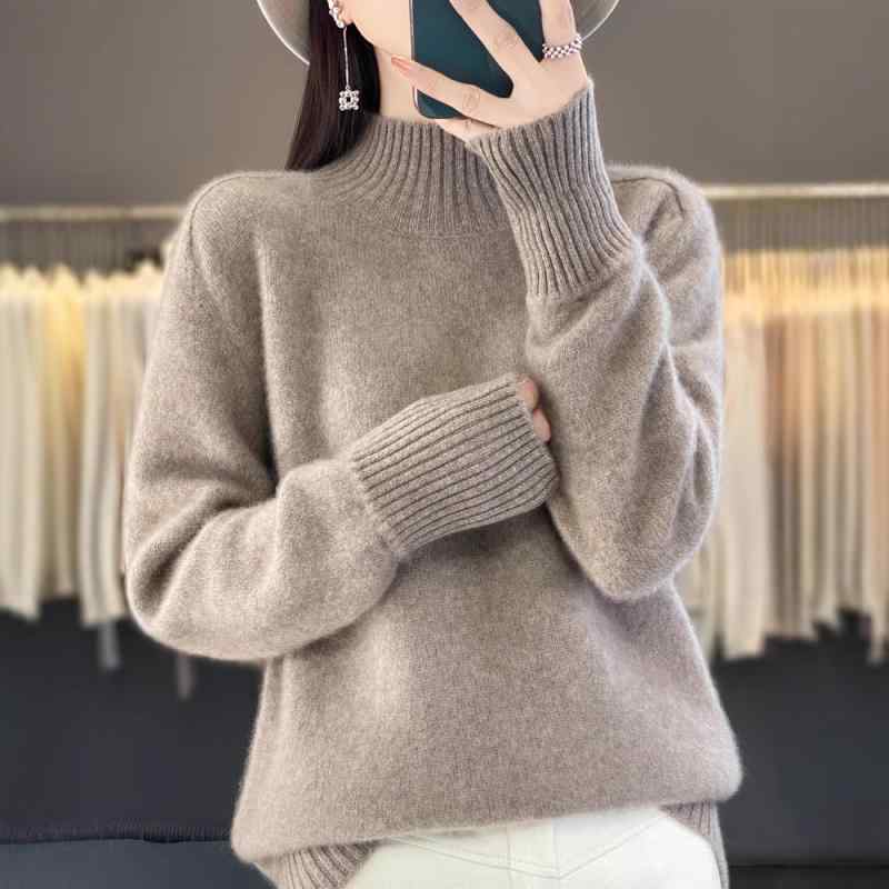 セーター 女性用 秋冬 ハーフハイネック 厚手 100%ウール 長袖 ゆったり 無地 インナートップス ニット 暖か 保温性 トップス