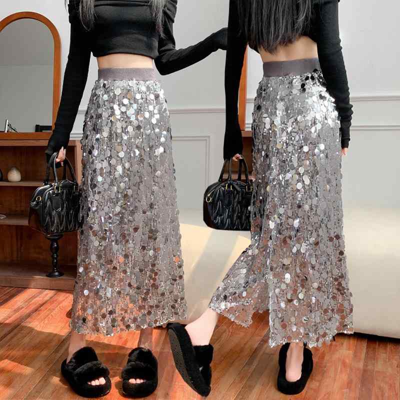 スカート 女性用 秋冬 ニット ラメ ハイウエスト ヒップハグ フレア ミディ丈 高級感 上品 スリム 伸縮性 カジュアル 暖かみ デイリー