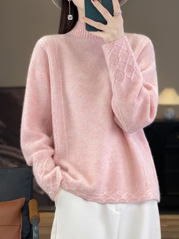 レディース 編み物スウェーター 二分の一ハイネック ゆったり 伸び伸びする風 毛糸 カシミール インナートップス レトロ ジャカード ティーシャツ パステル色の 優しいこと 普段使い