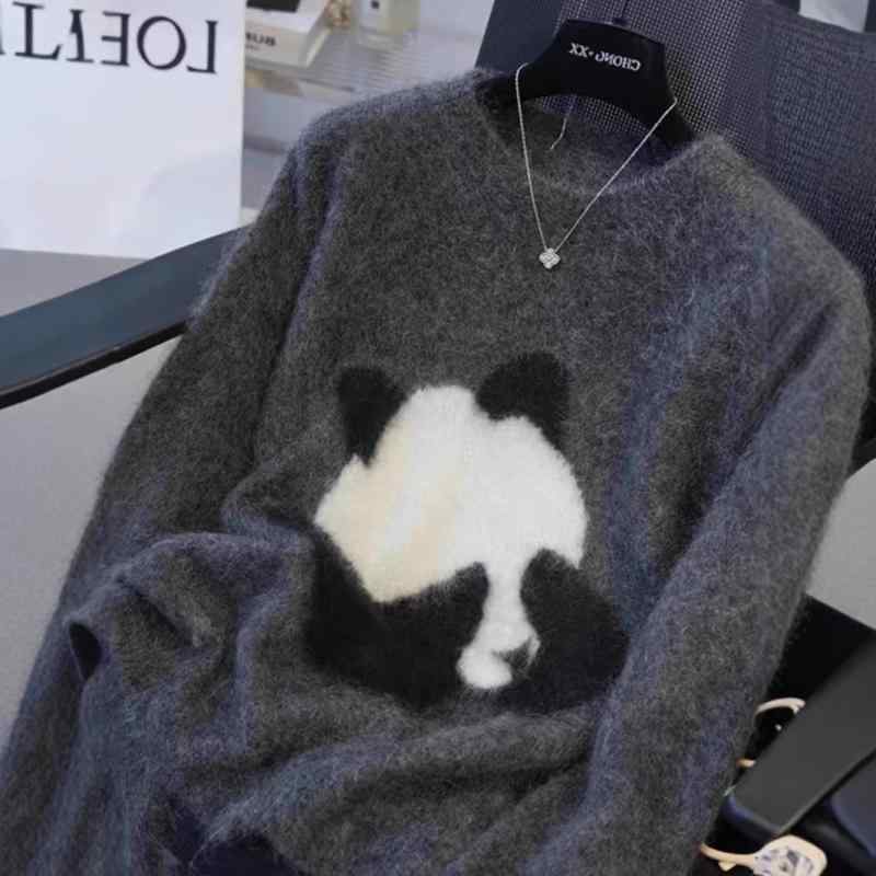 編み物ティーシャツ レディース 秋冬 ゆったり ジャイアントパンダ刺しゅう カシミール 落とし肩 か細い 丸首 朦朦たる 羊毛混 はだ着用 優しいこと パステル色の ニットトップス