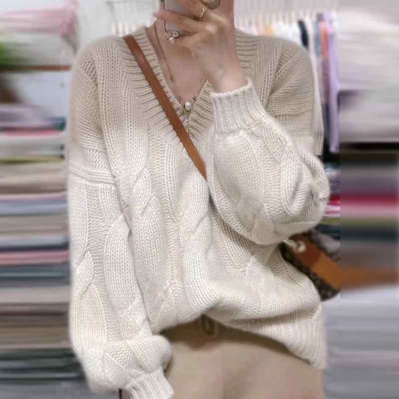 レディース 秋冬 Vネック ケーブルニット セーター 厚手 ゆったり ビッグシルエット 無地 ウール カシミヤ混 暖か リラックススタイル トップス インナー|やすらぎマーケット