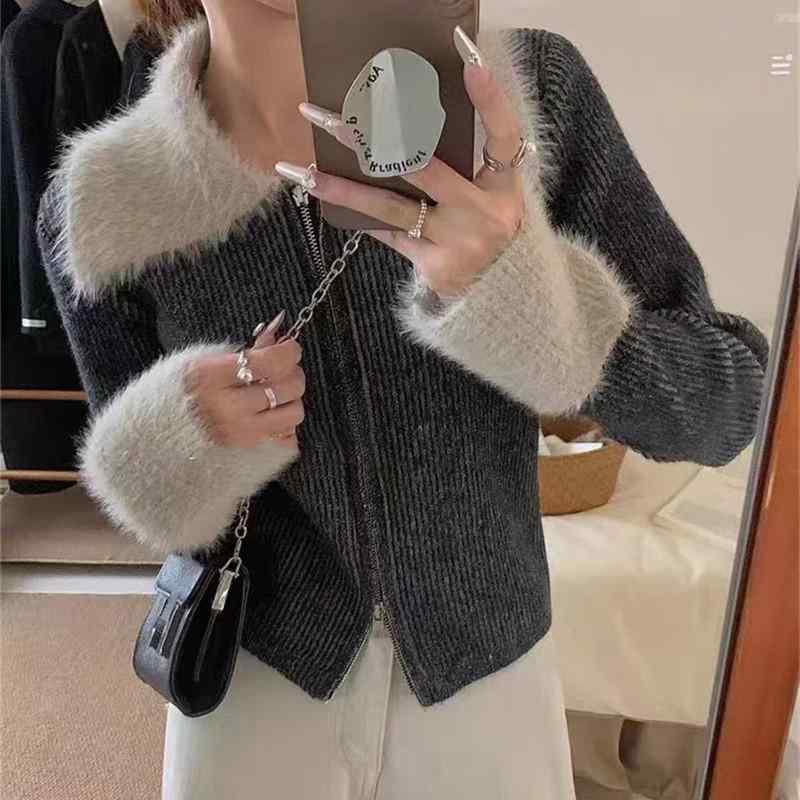 秋冬 女性用 ニット カーディガン ゆったり 韓国 甘辛 スタイル ファー 襟 切り替え 高級感 ダブル ジッパー 暖か 柔らかい 素材 普段使い