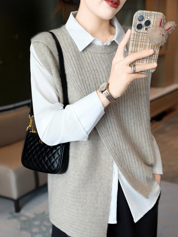 秋冬 無袖 編み物 より良い 羊毛 開叉  重ね着 花の冠yd プルオーバー トップス 優しいこと 保温性 流行り物 表現スタイル
