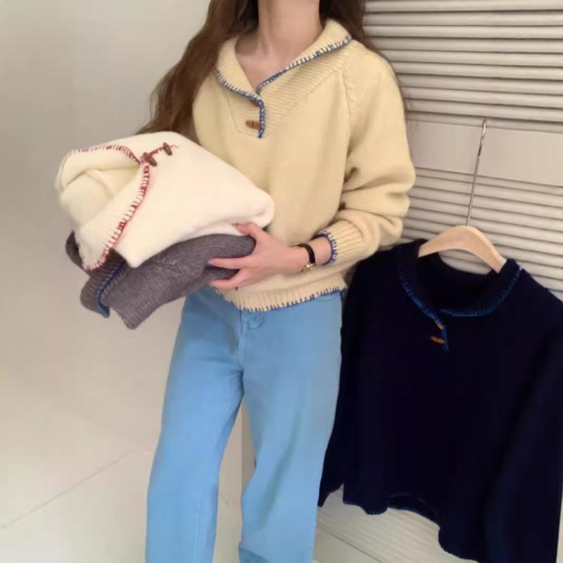 ニットセーター レディース 秋冬 プルオーバー ゆったり 襟付き 紐通し 牛角ボタン 柔らかい ソフトタッチ スタイリッシュ アウター 暖か ニットトップス ユニーク シルエット