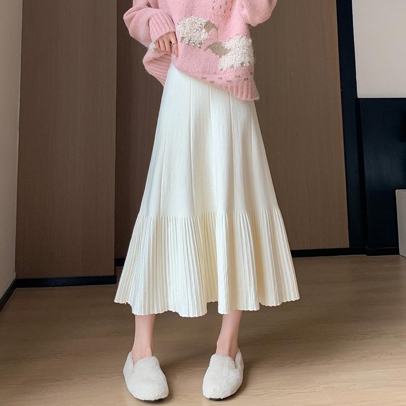スカート レディース 秋冬 ニット プリーツ 中長丈 Aライン フィッシュテール 細見え フリル スリムシルエット カジュアル 暖かみ 伸縮性