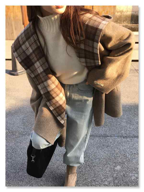 コート 女性用 フード付き チェック柄 リバーシブル ウール ゆったり 暖かみ 秋冬 普段使い 軽量 柔らかい素材