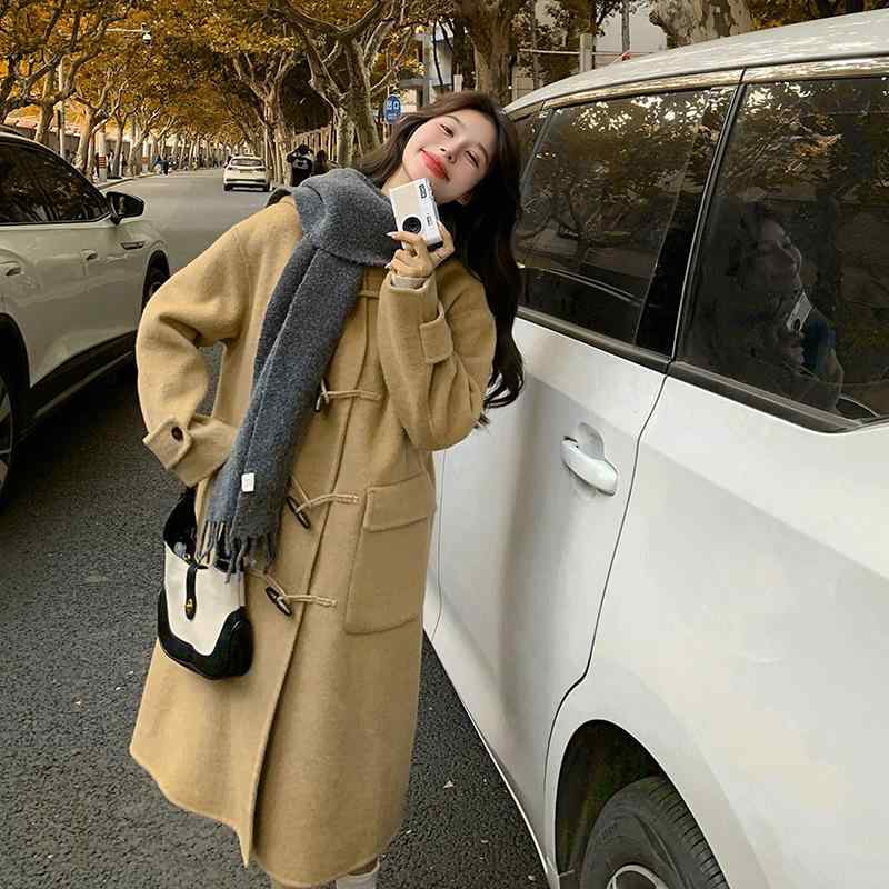 レディース 冬用 ロング厚地の外套 韓国 心地よい 愛くるしい ボンネット付き添い人 唐人笛名取り草 絨毛 リヴァーシブル ダブル人間の顔 羊毛 日常使い走り