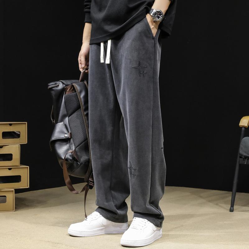 スウェットパンツ メンズ 秋冬 ゆったり 大きめ ストリート スタイル カジュアル ストレート レッグ 水洗い 加工 快適 履き心地 コットン 混 紡績 素材 日常使い アウトドア 対応 ブラック グレー 色