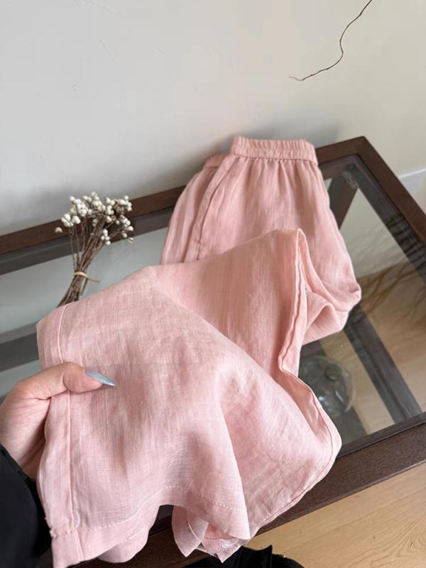 ワイドパンツ レディース ピンク 夏用 ラミー リネン 通気性 伸縮ウエスト ゆったりシルエット ドレープ感 麻素材 軽量 カジュアル 普段使い 吸湿速乾