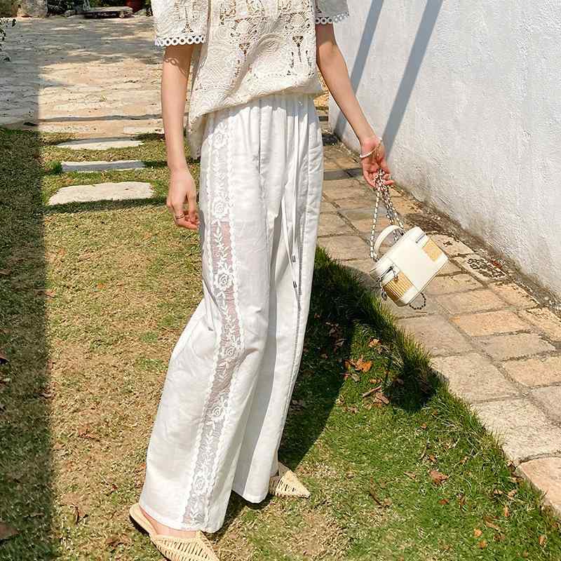 レディース 白いこと 綿麻 ロングズボン下 溜まり場 心地よい フレンチ表現スタイル  ワイドレッグ 透け透け 通気性 吸湿速乾 夏用 パンツ-レディースファッション