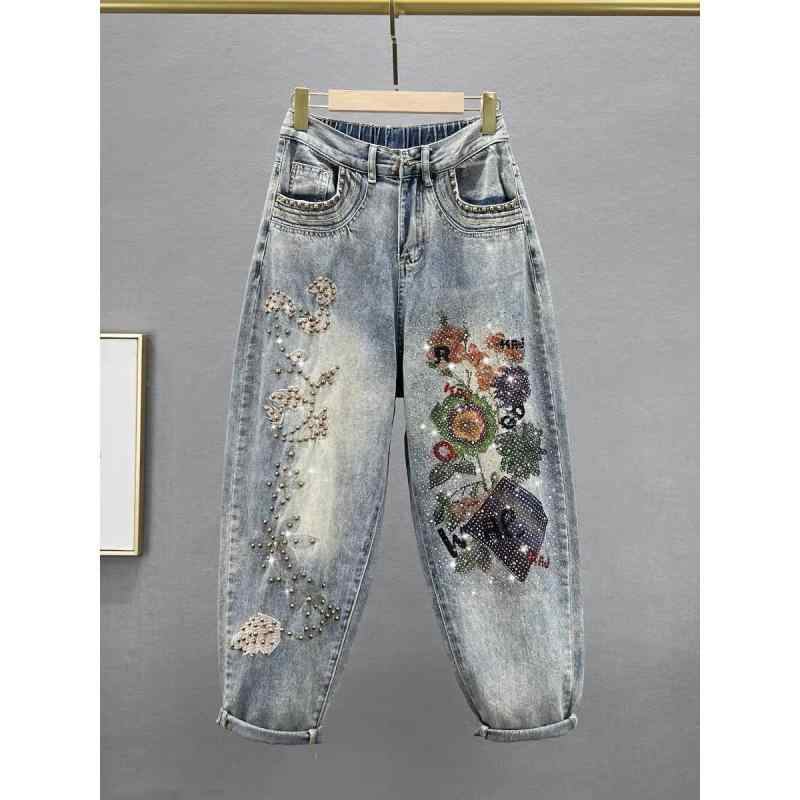 レディース デニムパンツ ハイウエスト ワイドパンツ 伸縮ウエスト ゆったりシルエット スリム効果 花柄プリント ラインストーン付き ダッドスタイル カジュアル 普段使い