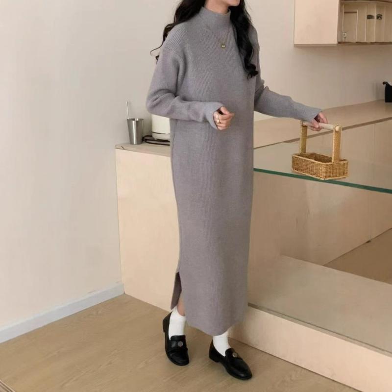 レディース ニットワンピース ロング丈 ゆったりシルエット リラックススタイル 厚手 長袖 サイドスリット レイヤード対応 秋冬 暖か 伸縮性 コットン混 ブラック系