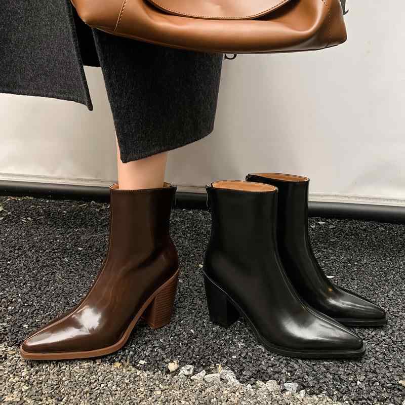 チェルシーブーツ 女性用 9cm 太ヒール ポインテッドトゥ 革 牛革 ショート アンクル 細トゥ 高級感 普段使い 通勤 軽量 伸縮性