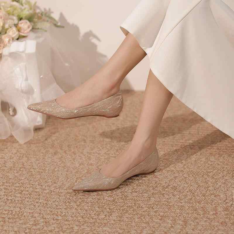 ウェディングシューズ レディース フラット 尖頭 浅口 ポインテッドトゥ ローカット シャンパンゴールド フェミニン エレガント マタニティ 妊婦用 ブライズメイド 結婚式 二次会 フォーマル 快適 歩きやすい 大きめサイズ対応