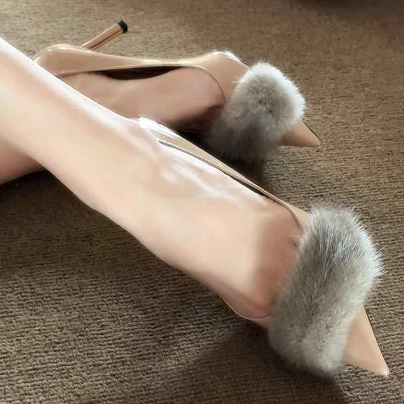 ハイヒールシューズ 女性用 秋冬 ベージュ系 細ヒール 尖頭 パンプス ファー付き クッション性 軽量 セクシー 大人っぽい 通勤 ドレスアップ 足入れしやすい 伸縮性