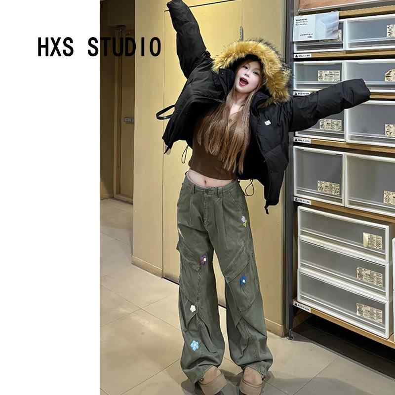 カーゴパンツ レディース ジーンズ ワイドレッグ ミリタリー緑であること 小花刺しゅう 多衣嚢 レトロスタイルx2